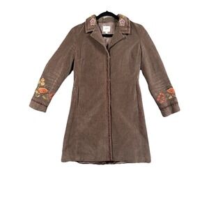 J Jill Women's Floral Embroidered Jacket Coat Duster Boho Hippie Brown XS